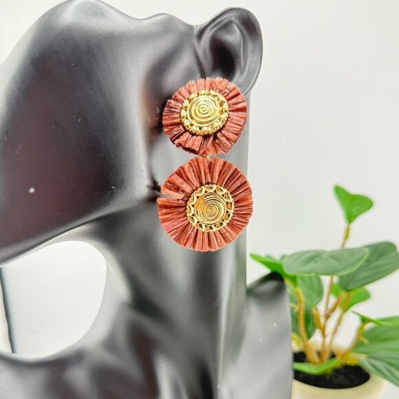 Boho Double Disc Statement Earrings — Warm Terracotta & Gold - Picture 4 of 7